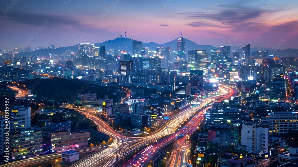 Obraz premium Bustling Futuristic Cityscape with Illuminated Highways and Towering Skyscrapers