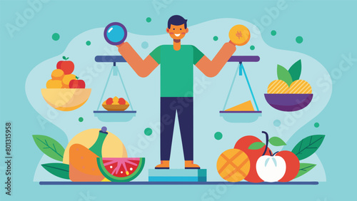 A fighter standing on a scale surrounded by food items with different calorie amounts emphasizing the importance of weight management and energy