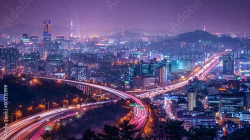 Futuristic Cityscape of Seoul with Vibrant Nighttime Lights and High-Speed Highway Trails