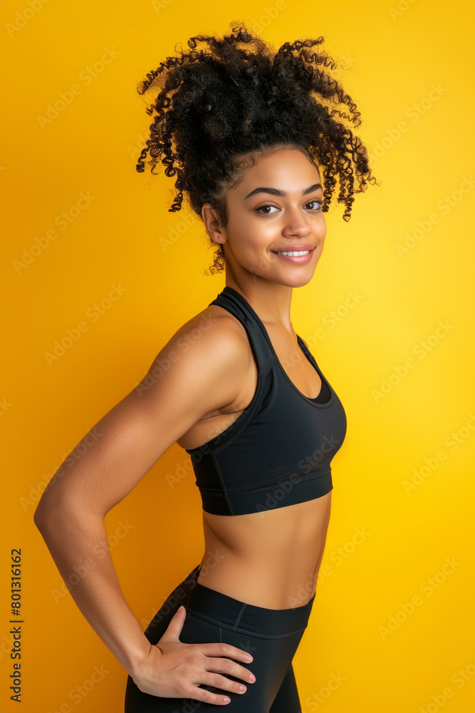 Young woman in athletic gear stands confidently against a bright yellow background. Ideal for fitness, wellness, and lifestyle marketing Young woman in athletic gear stands confidently against a bright yellow background. Ideal for fitness, wellness, and lifestyle marketing