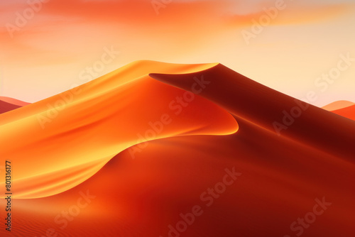 Dramatic sunset over smooth desert dunes  casting deep orange and red shadows  embodying the serene yet harsh beauty of the desert.