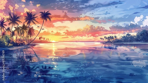 tropical paradise sunset over the ocean with palm trees