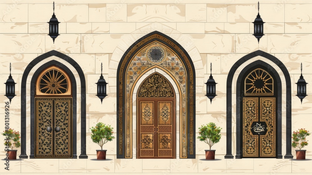 Elegant ramadan kareem  abstract islamic interior with lanterns, arches, doors, and plants