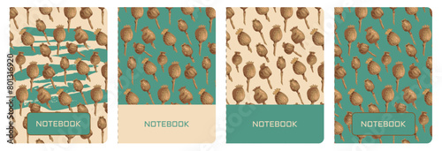 A set of templates for title pages of notebooks or books. Poppy print. Versatile abstract layouts with poppy seeds in vintage colors. For notepads, planners, brochures, books, catalogues.
