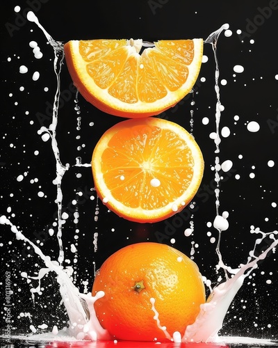A sliced orange is suspended above a whole orange while orange juice splashes around it.