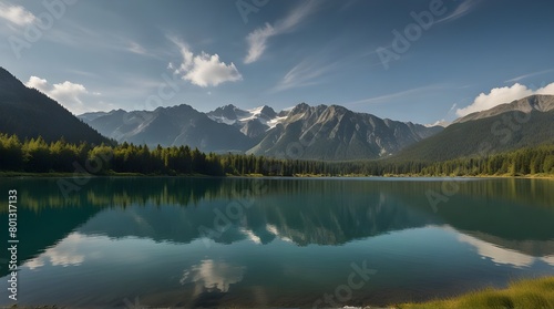 Mountain landscape with a picturesque view of a serene lake surrounded.generative.ai © Neelam