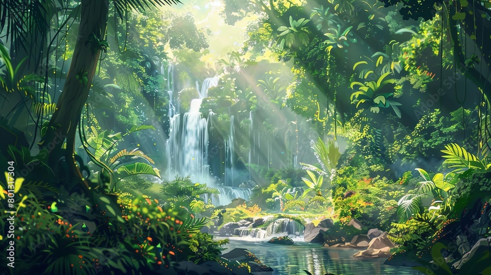 tropical rainforest with waterfall in the distance