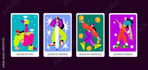 Tarot cards flat deck cartoon. Minor Arcana Suit of Queen of Cups, Swords, Pentacles and Wands Tarot Cards.