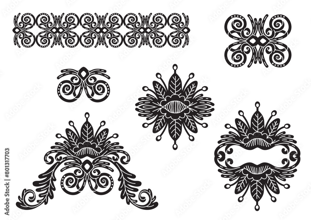 Decorative set of ornament silhouette elements