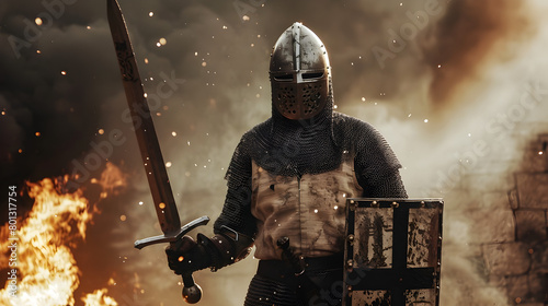 An epic shot of a Medieval crusader in chainmail, holding a broadsword and cross shield.


 photo