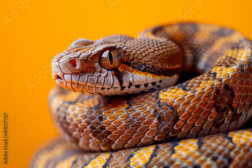 Close-Up Portrait of a Colorful Corn Snake on a Vibrant Orange Background