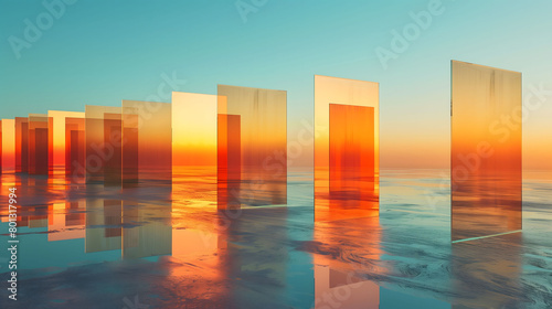 Abstract background of square hanging with many rectangular glass panels with colorful gradient colors against blue sky.