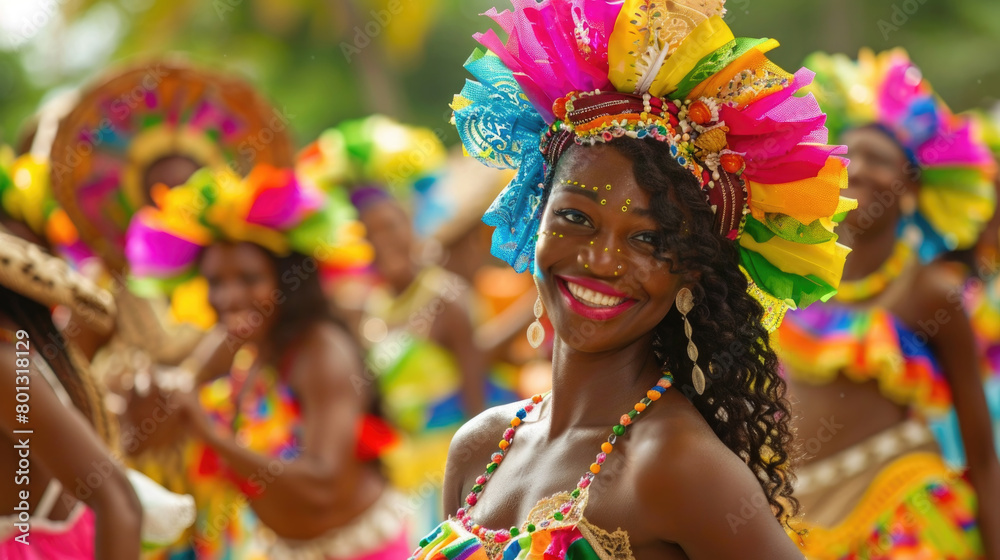 A woman wearing a vibrant headdress smiles directly at the camera, showcasing colorful patterns and intricate details A woman wearing a vibrant headdress smiles directly at the camera, showcasing colorful patterns and intricate details