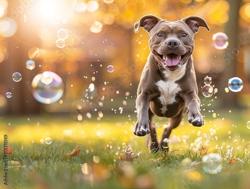 A happy dog running towards the camera chasing colorful bubbles on a sunny day.