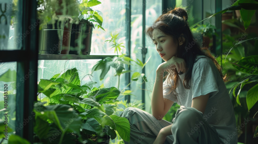 Obraz premium A woman is seated in front of a window, enclosed by various lush plants