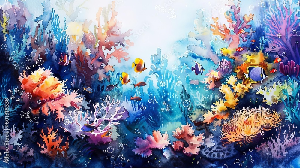 underwater paradise a vibrant coral reef adorned with a variety of colorful fish, including orange,