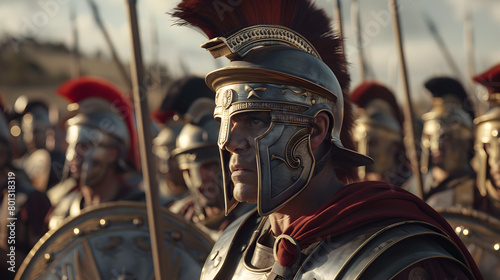An epic shot of a Roman centurion leading his troops into battle, with a red crest on his helmet.


 photo