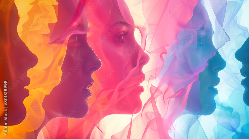 A vibrant group of diverse silhouettes, each one a different color, standing together in harmony against a colorful background A vibrant group of diverse silhouettes, each one a different color, standing together in harmony against a colorful background