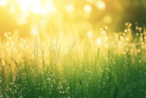 Sunlit dewy grass shimmering with golden light and delicate water droplets, creating a fresh and serene morning scene.