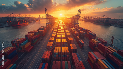 The sun sets over a bustling industrial shipping port, loaded with colorful containers and cranes, highlighting global trade. generative ai 