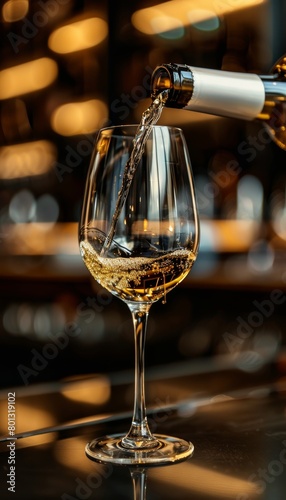 Elegant close up of white wine being poured into a glass at a sophisticated restaurant setting