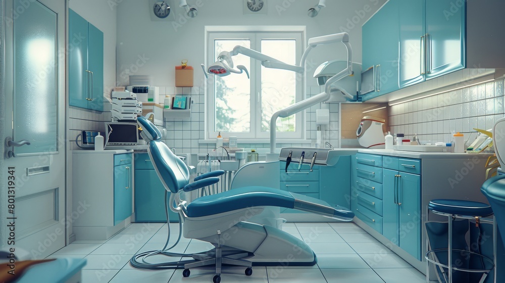 Empty clean dental office with dental machine. dental chair and medical diagnosis machine equipment. Generative ai Empty clean dental office with dental machine. dental chair and medical diagnosis machine equipment. Generative ai