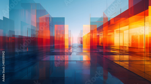 Abstract background of square hanging with many rectangular glass panels with colorful gradient colors against blue sky.