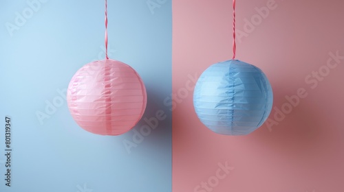 Sweet pastel pink blue baby shower decorations on birthday party blurred background. Card, poster, copy space. Gender reveal, it is a boy or girl concept. Generative ai