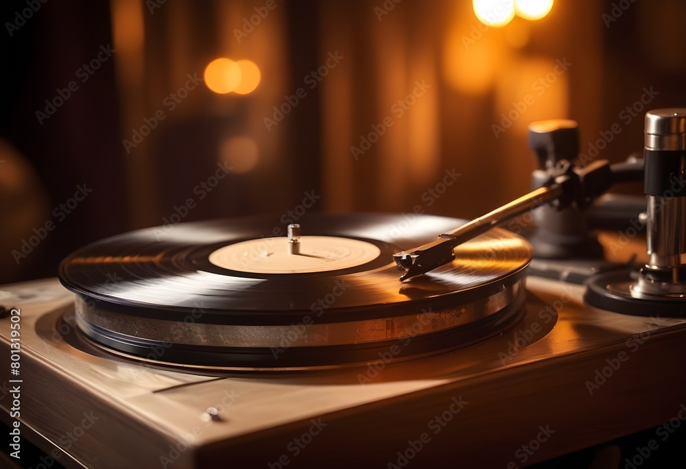 Obraz premium Record player, vinyl disc player in soft lighting.
