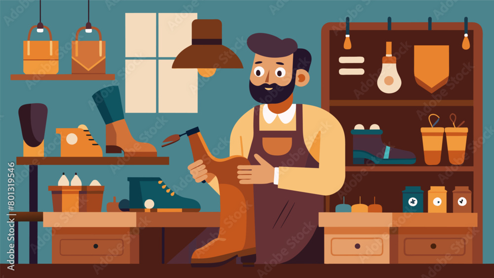 A shoemaker crafting a pair of leather shoes his small shop filled with various styles and sizes for sale.. Vector illustration