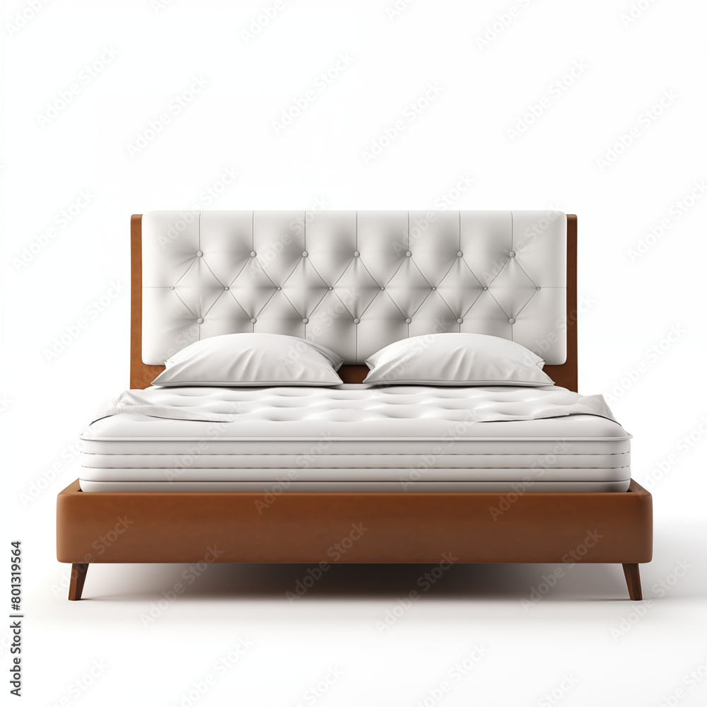 Elegant and comfortable bed with white pillows and brown wooden frame isolated on white background 3D rendering