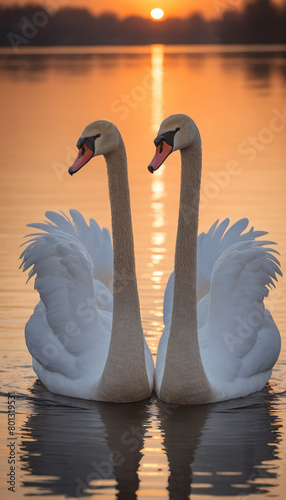 Romantic Swan Silhouettes at Sunset on Lake