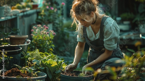 Woman gardener composting food waste in backyard, Organic waste for compost, Eco-Friendly Gardening and Recycling, sustainability and responsible stewardship through compost. Generative ai