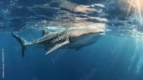 Majestic whale shark gracefully gliding through clear blue waters, showcasing its immense size and peaceful demeanor, a true marvel of the ocean.