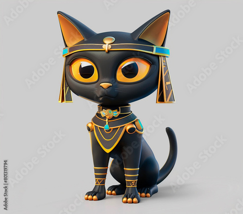 Black Egyptian cat  pharaonic clothes  ancient Egypt cartoon character. 3D render illustration design.