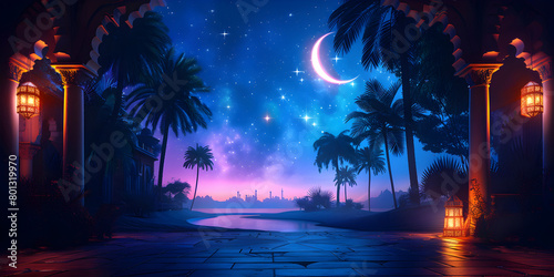  A Moonlit Journey Through a Fantasy Seascape Where the Ocean Glows with the Illumination of the Moon  Enhanced by Majestic Palm Trees