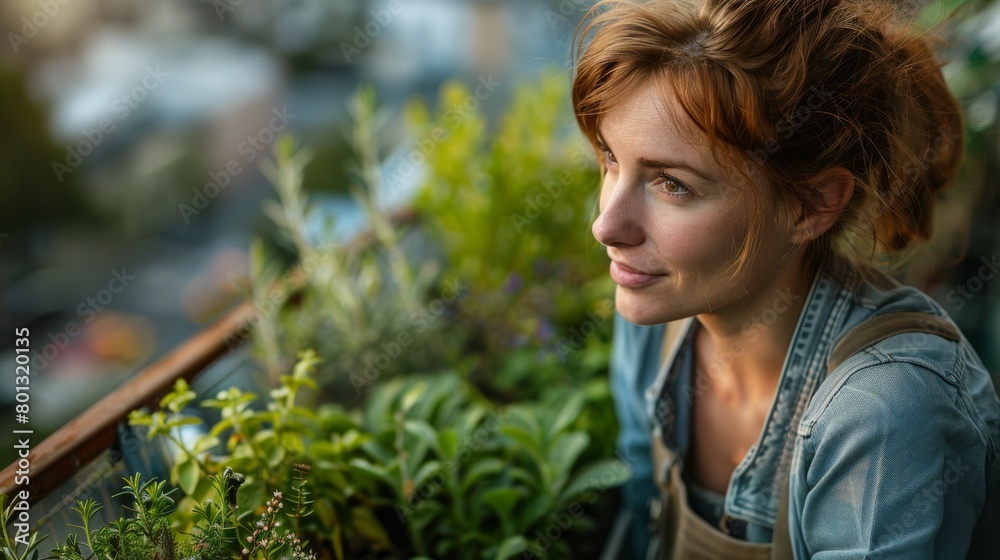 Woman in small green space on the rooftop garden, showcasing sustainable urban agriculture. Generative ai. Woman in small green space on the rooftop garden, showcasing sustainable urban agriculture. Generative ai.