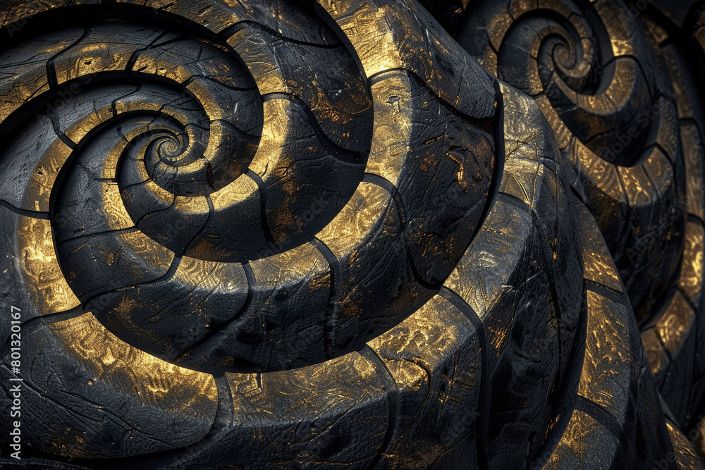 Pattern Labyrinths geometric spiral shapes abstract art, black gold, intricate ceiling designs, organic stone sculptures. Illustrative 3D rendering design. Pattern Labyrinths geometric spiral shapes abstract art, black gold, intricate ceiling designs, organic stone sculptures. Illustrative 3D rendering design.