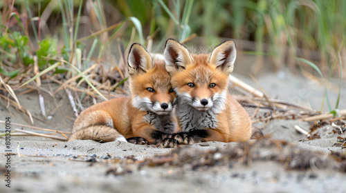 Adorable wild red fox pups resting on the shore