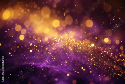 Magical abstract background of purple sparkles and golden lights, creating a dreamy and mystical atmosphere.