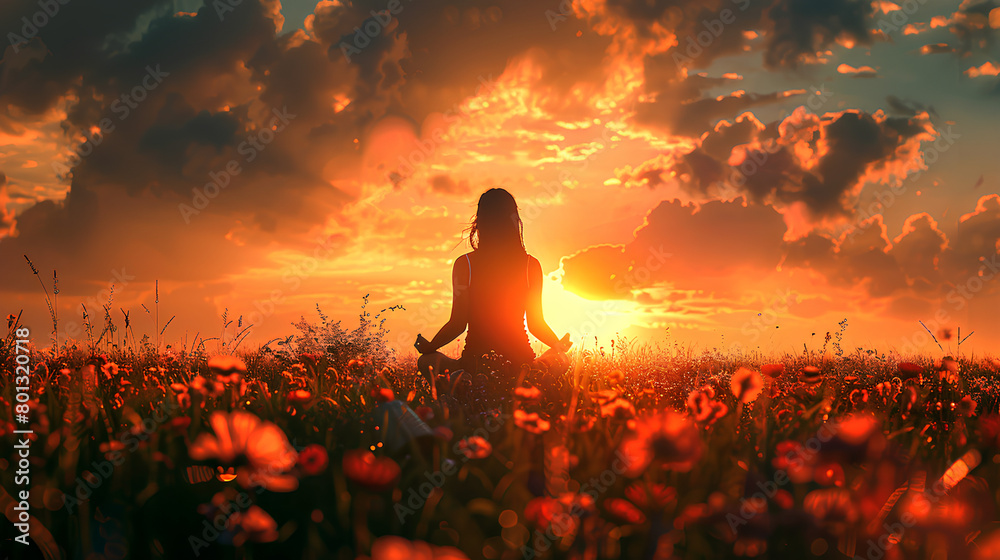 Serene Sunset Meditation: Woman Silhouette in Nature. Generative AI.
