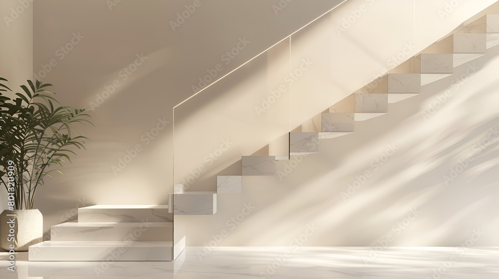 White marble LED stripe floating stair in a U shape White marble LED stripe floating stair in a U shape