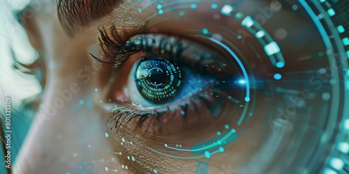 Biometric, digital, and cyber security with woman's eye scan for identity, verification, or facial recognition. Technology, future, and AI with female laser scanner for hologram, touch, or data