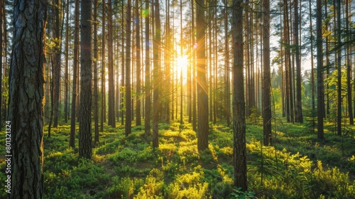 Sunrise, sunshine, trees in nature forest, trekking woods, or earth growth in Japan adventure, relax, daybreak. Sustainability planet or eco conservation sunset, hiking or leaf environment photo