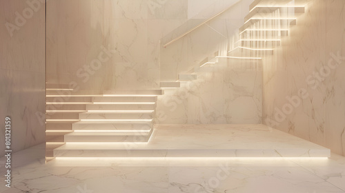 White marble LED stripe floating stair in a U shape