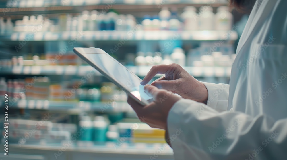 Drug research, wellness therapy, and pill stock check using man, hands, or drugstore digital tablet. Zoom, pharmacist or medical worker on drugstore technology