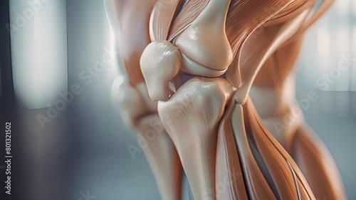 Close up human knee anatomy model. Knee joint model in laboratory, Medical model of the human knee joint, 3D Illustration	
 photo