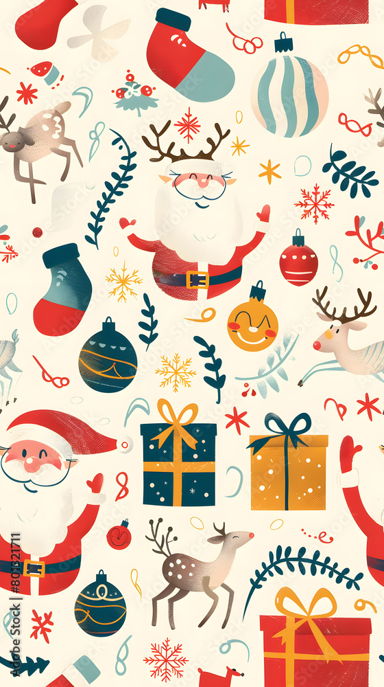 Fototapeta premium A vibrant Christmas greeting card or wallpaper featuring festive characters such as Santa Claus, reindeer, snowmen, with a Christmas tree decorated with stars and gifts.