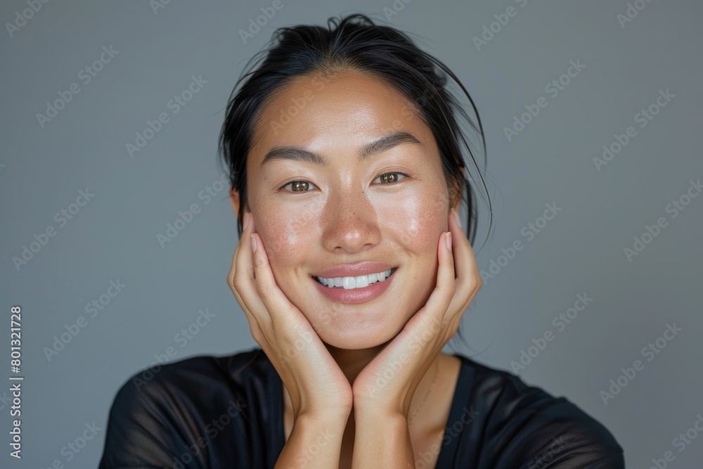 Asian woman, face glow, skincare routine, hands stroking cheeks on grey studio background. Happy or beauty model in healthy wellbeing, self-love dermatology or hydrated skin facial Asian woman, face glow, skincare routine, hands stroking cheeks on grey studio background. Happy or beauty model in healthy wellbeing, self-love dermatology or hydrated skin facial