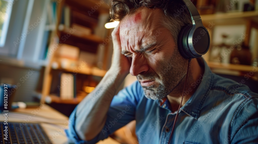 Stress, call center, headache, burnout, pain, overtime, and weary. Male customer service, consultant, or employee with migraine, telemarketing, or job anxiety Stress, call center, headache, burnout, pain, overtime, and weary. Male customer service, consultant, or employee with migraine, telemarketing, or job anxiety